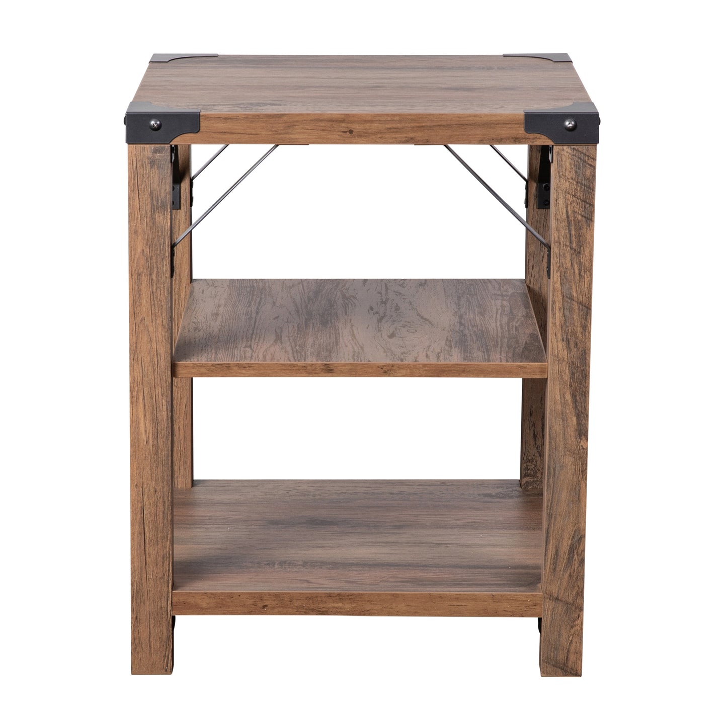 Wyatt Modern Farmhouse Wooden 3 Tier End Table with Black Metal Corner Accents and Cross Bracing, Rustic Oak Rustic Oak