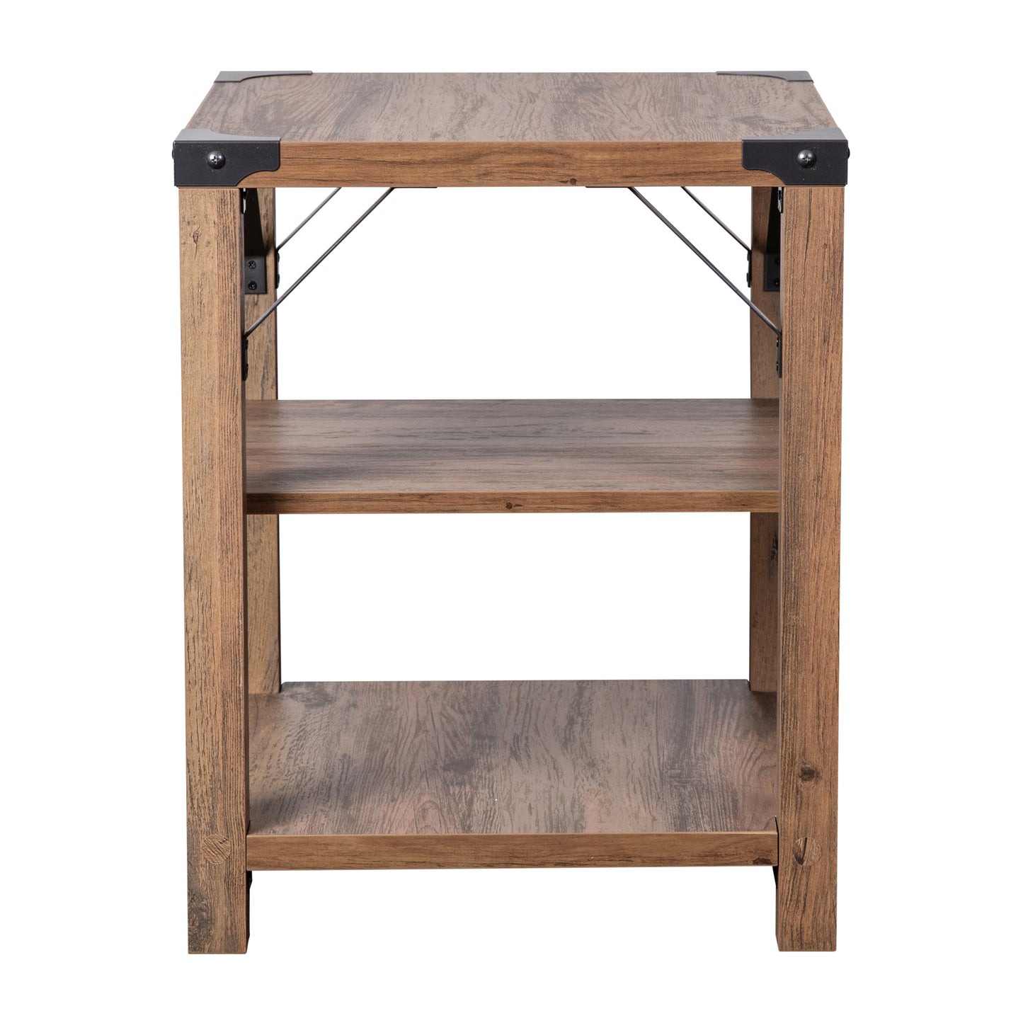 Wyatt Modern Farmhouse Wooden 3 Tier End Table with Black Metal Corner Accents and Cross Bracing, Rustic Oak Rustic Oak