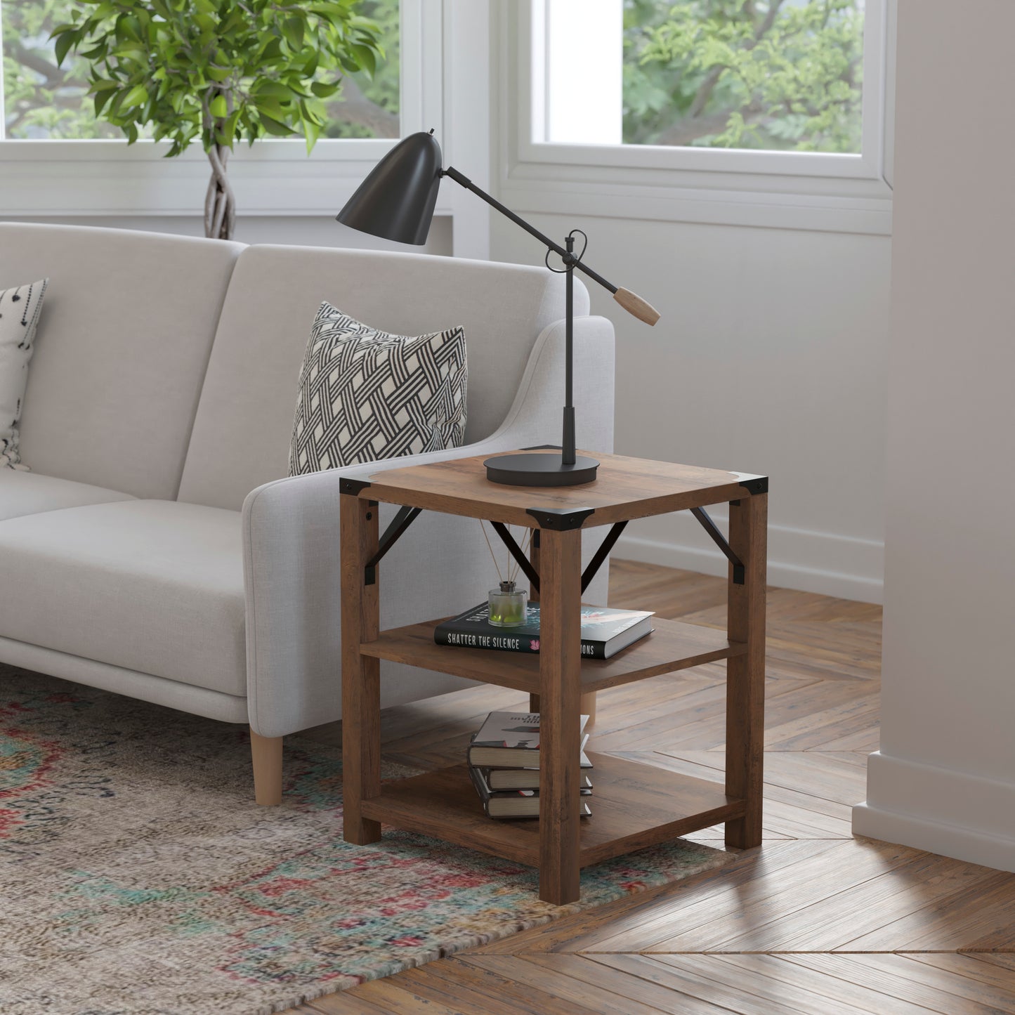 Wyatt Modern Farmhouse Wooden 3 Tier End Table with Black Metal Corner Accents and Cross Bracing, Rustic Oak Rustic Oak