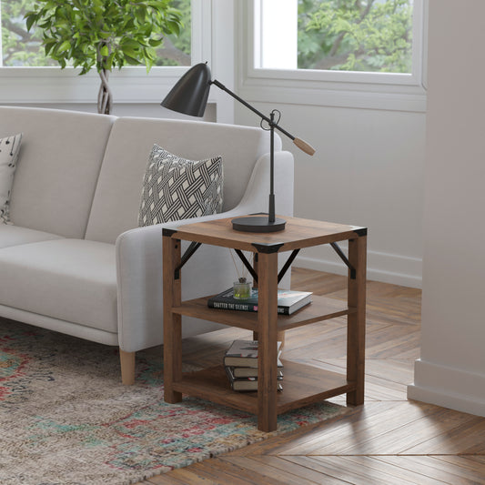Wyatt Modern Farmhouse Wooden 3 Tier End Table with Black Metal Corner Accents and Cross Bracing, Rustic Oak Rustic Oak ZG-035-OAK-GG