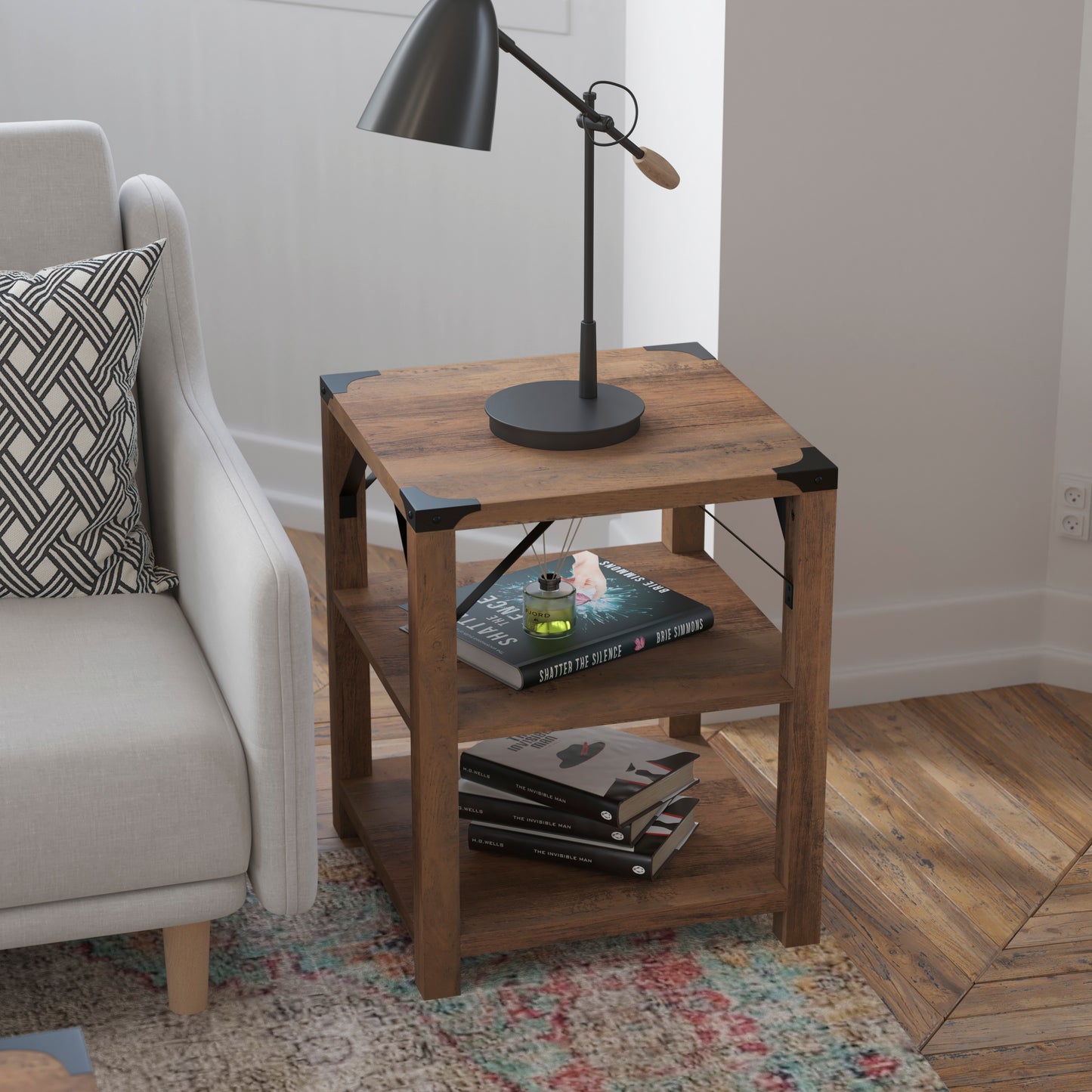 Wyatt Modern Farmhouse Wooden 3 Tier End Table with Black Metal Corner Accents and Cross Bracing, Rustic Oak Rustic Oak