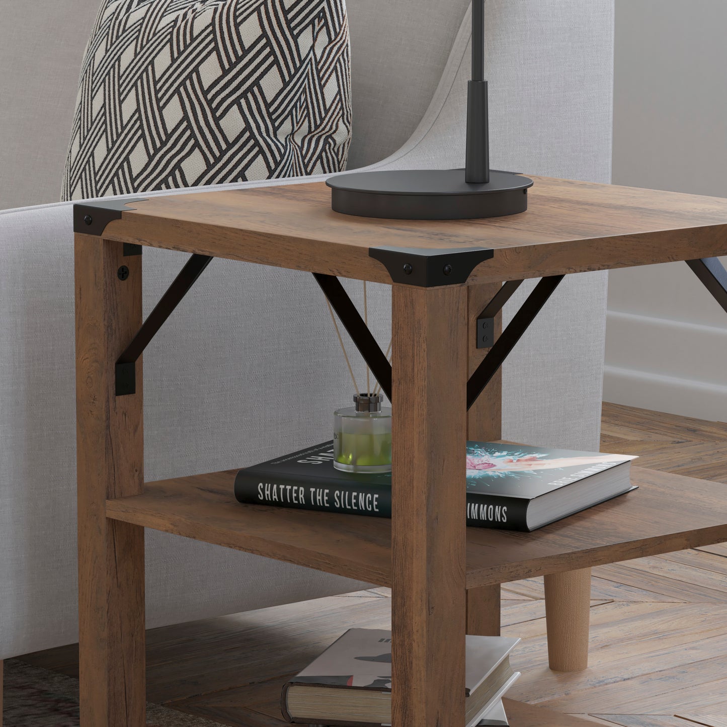 Wyatt Modern Farmhouse Wooden 3 Tier End Table with Black Metal Corner Accents and Cross Bracing, Rustic Oak Rustic Oak