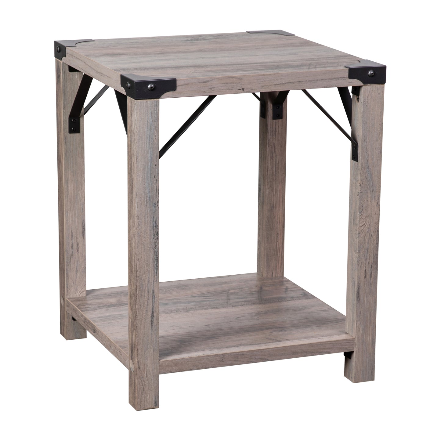 Wyatt Modern Farmhouse Wooden 2 Tier End Table with Black Metal Corner Accents and Cross Bracing, Gray Wash Gray Wash