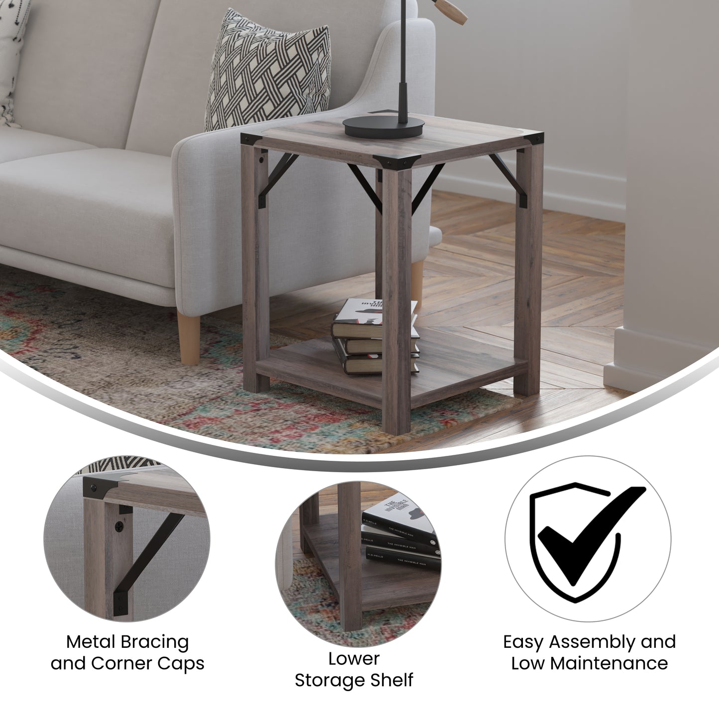Wyatt Modern Farmhouse Wooden 2 Tier End Table with Black Metal Corner Accents and Cross Bracing, Gray Wash Gray Wash