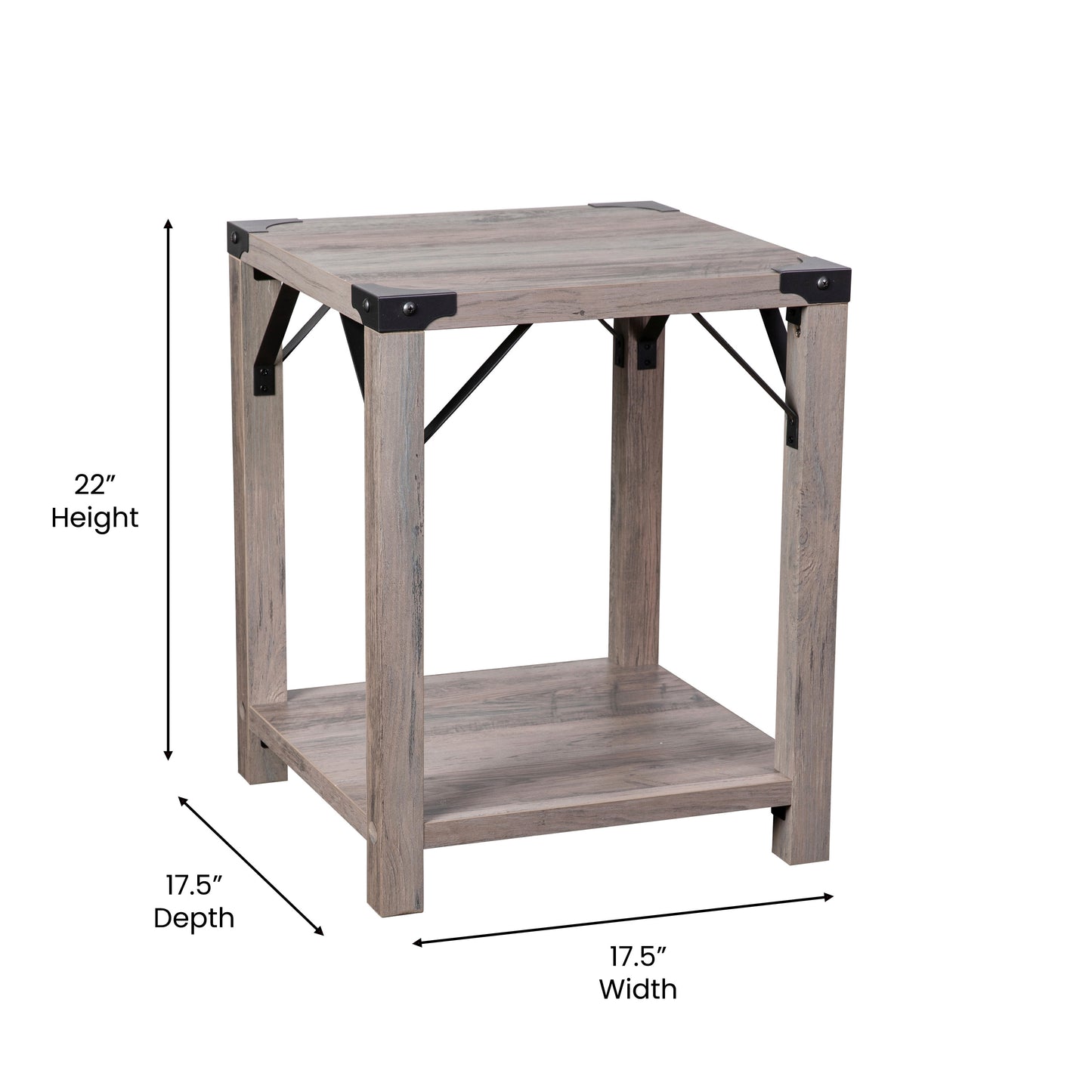 Wyatt Modern Farmhouse Wooden 2 Tier End Table with Black Metal Corner Accents and Cross Bracing, Gray Wash Gray Wash