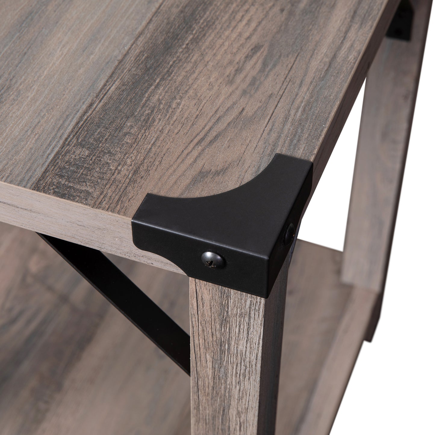 Wyatt Modern Farmhouse Wooden 2 Tier End Table with Black Metal Corner Accents and Cross Bracing, Gray Wash Gray Wash