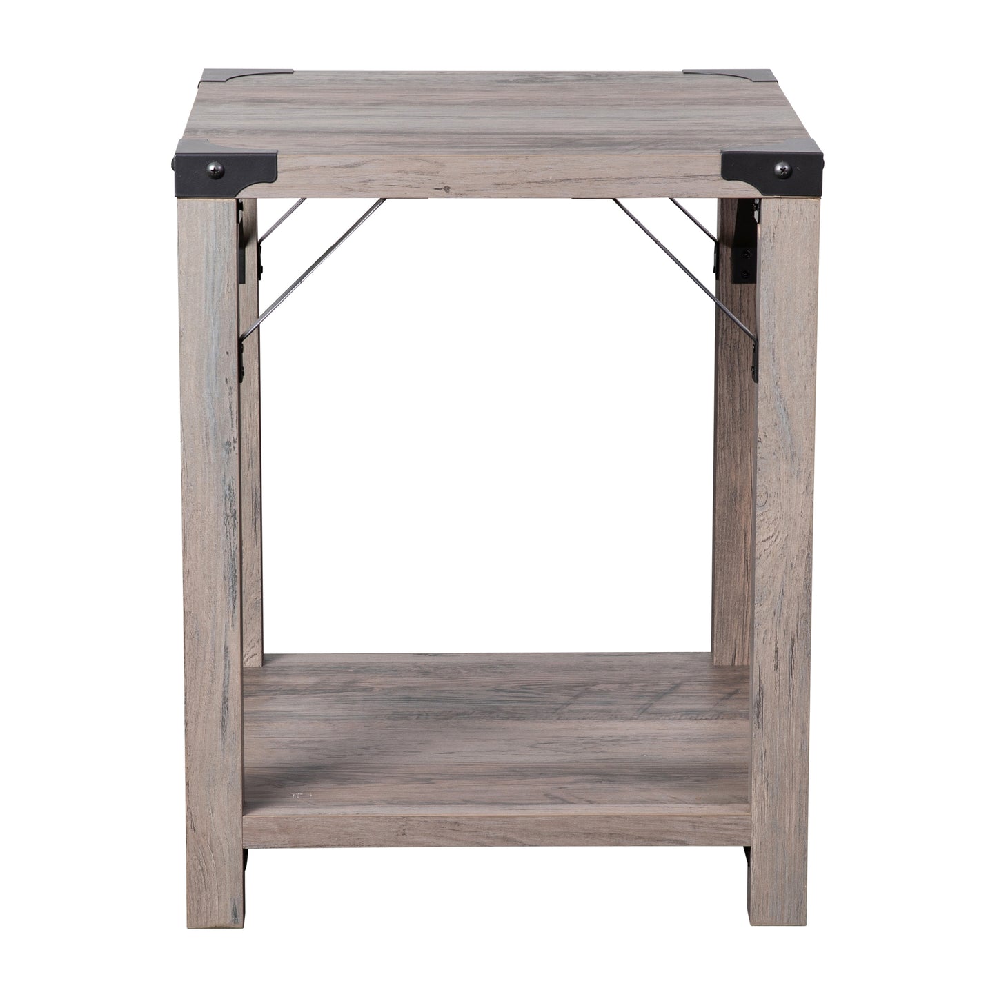 Wyatt Modern Farmhouse Wooden 2 Tier End Table with Black Metal Corner Accents and Cross Bracing, Gray Wash Gray Wash