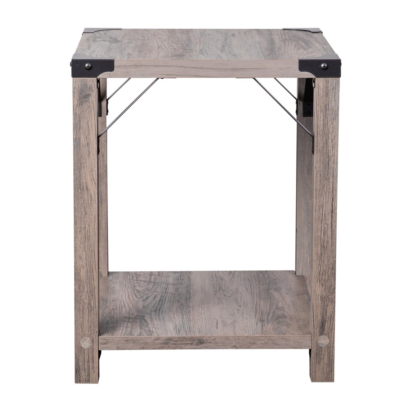 Wyatt Modern Farmhouse Wooden 2 Tier End Table with Black Metal Corner Accents and Cross Bracing, Gray Wash Gray Wash