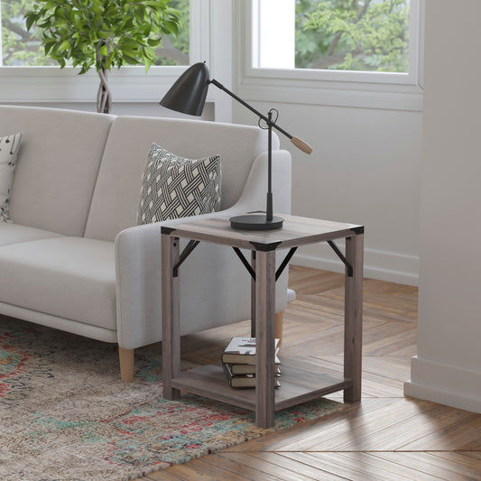 Wyatt Modern Farmhouse Wooden 2 Tier End Table with Black Metal Corner Accents and Cross Bracing, Gray Wash Gray Wash ZG-036-GY-GG