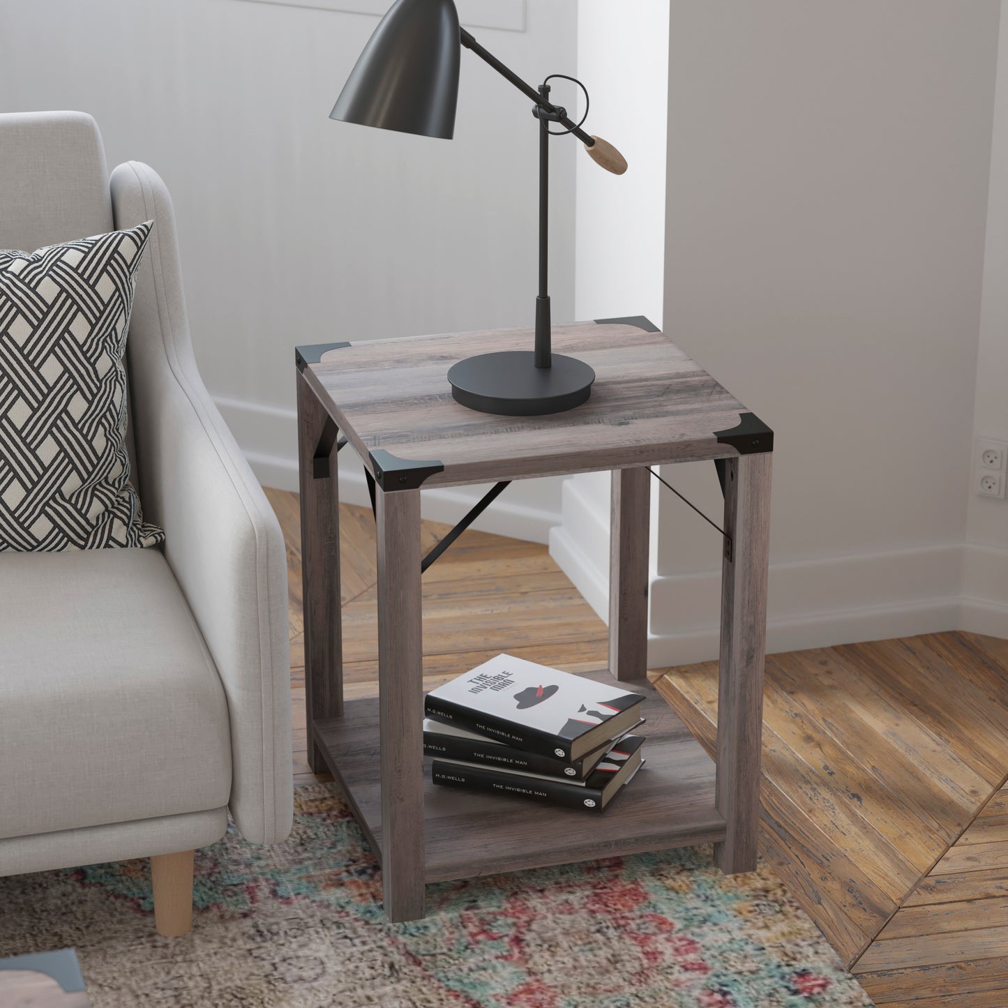 Wyatt Modern Farmhouse Wooden 2 Tier End Table with Black Metal Corner Accents and Cross Bracing, Gray Wash Gray Wash