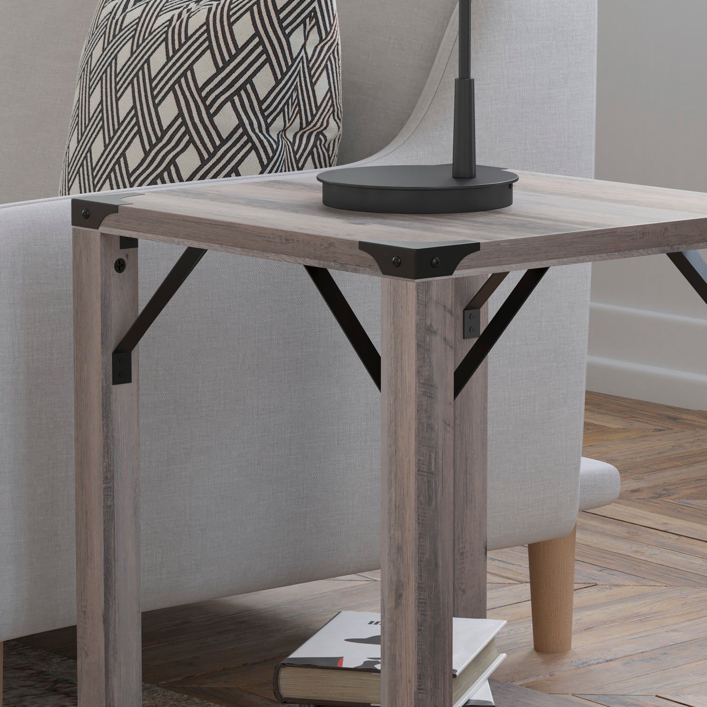 Wyatt Modern Farmhouse Wooden 2 Tier End Table with Black Metal Corner Accents and Cross Bracing, Gray Wash Gray Wash