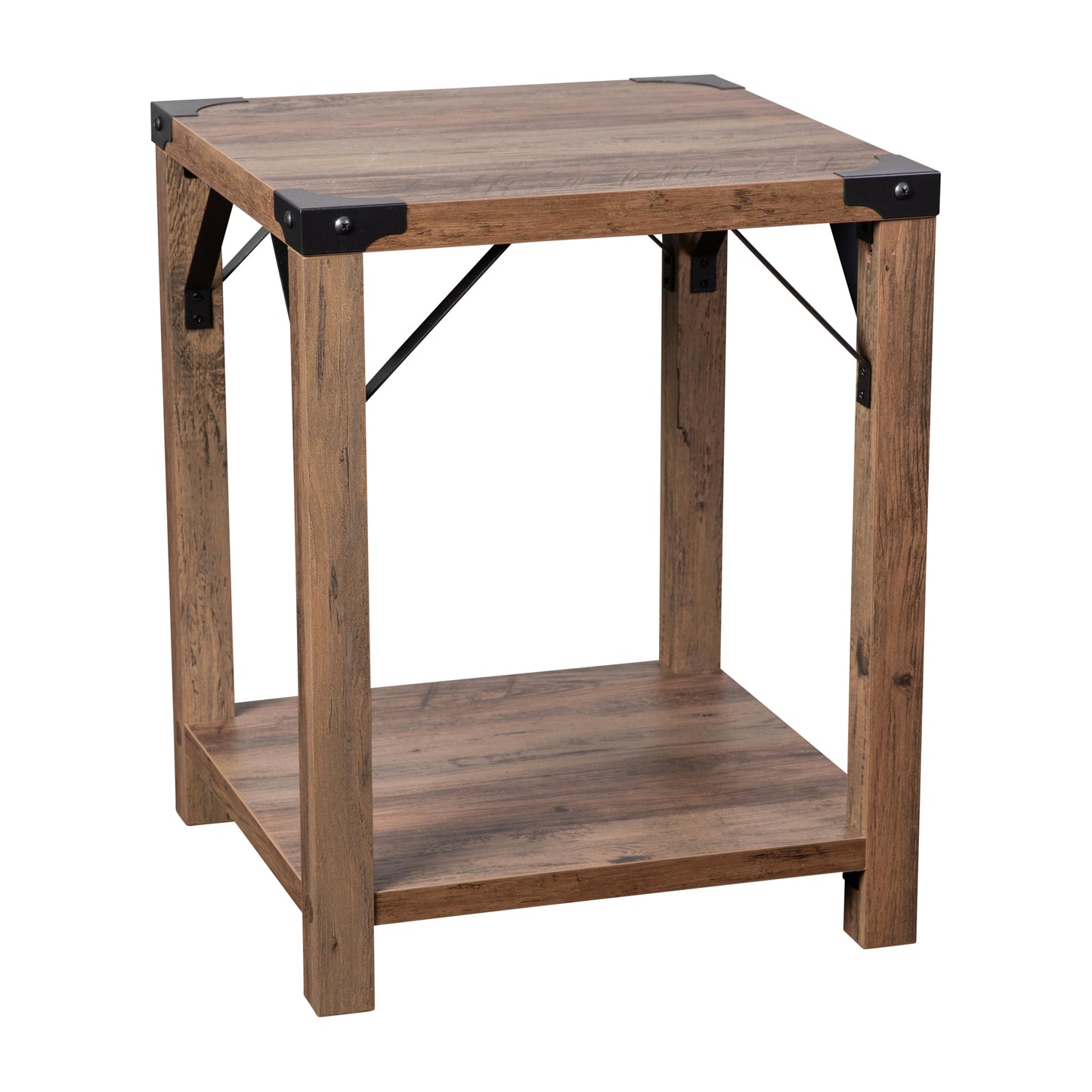 Wyatt Modern Farmhouse Wooden 2 Tier End Table with Black Metal Corner Accents and Cross Bracing, Rustic Oak Rustic Oak