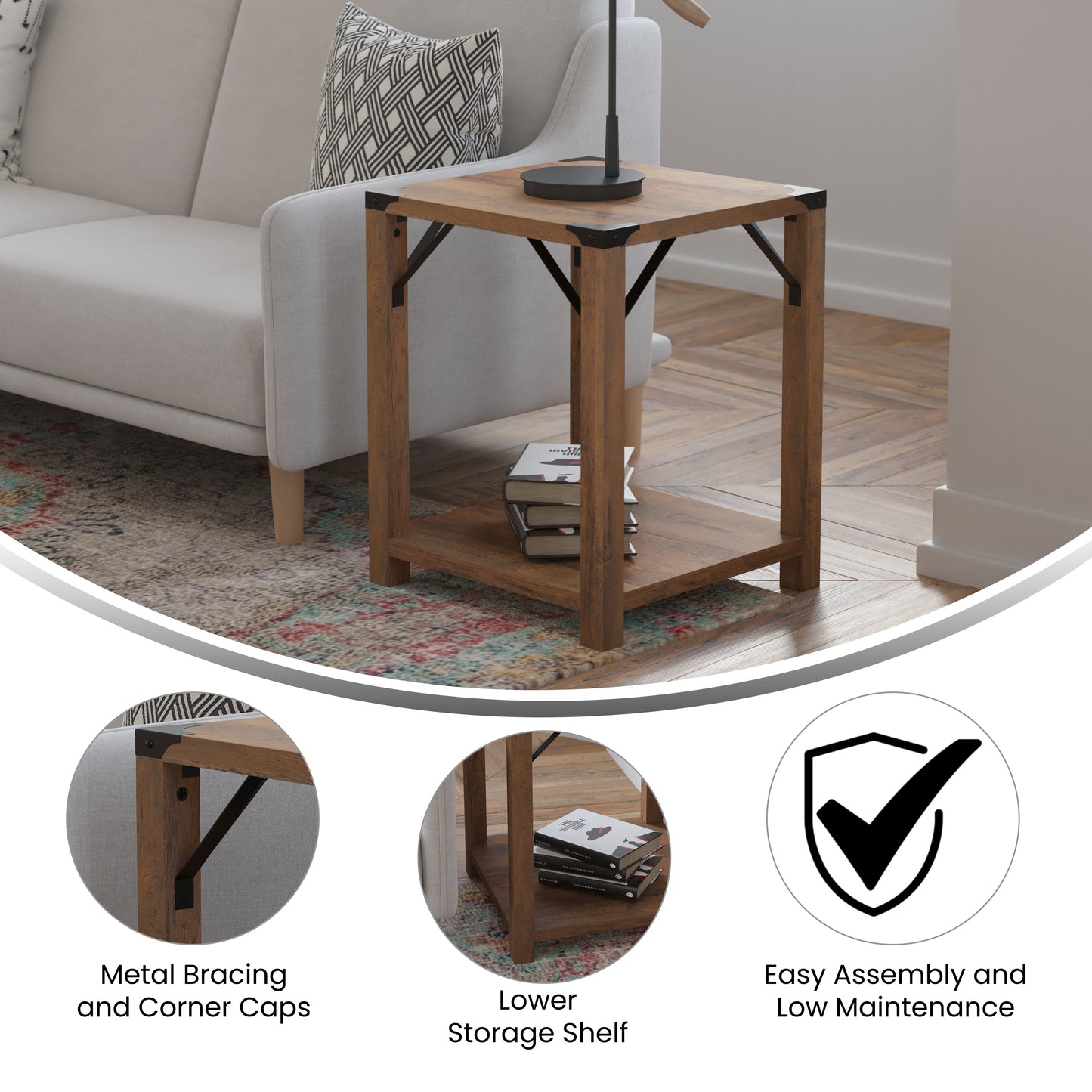 Wyatt Modern Farmhouse Wooden 2 Tier End Table with Black Metal Corner Accents and Cross Bracing, Rustic Oak Rustic Oak