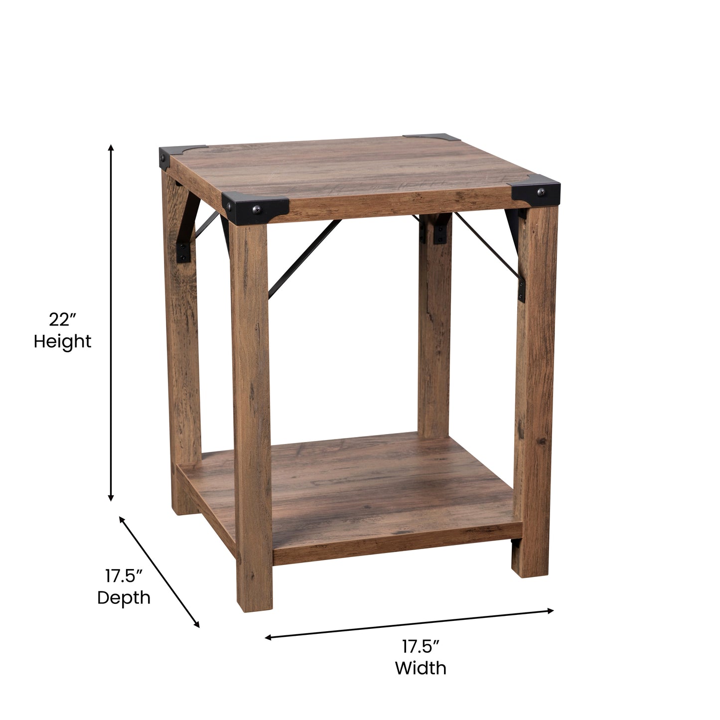 Wyatt Modern Farmhouse Wooden 2 Tier End Table with Black Metal Corner Accents and Cross Bracing, Rustic Oak Rustic Oak