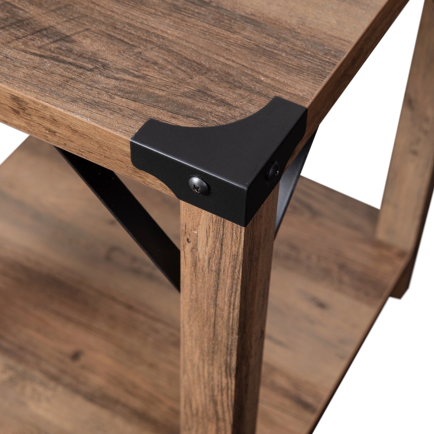 Wyatt Modern Farmhouse Wooden 2 Tier End Table with Black Metal Corner Accents and Cross Bracing, Rustic Oak Rustic Oak