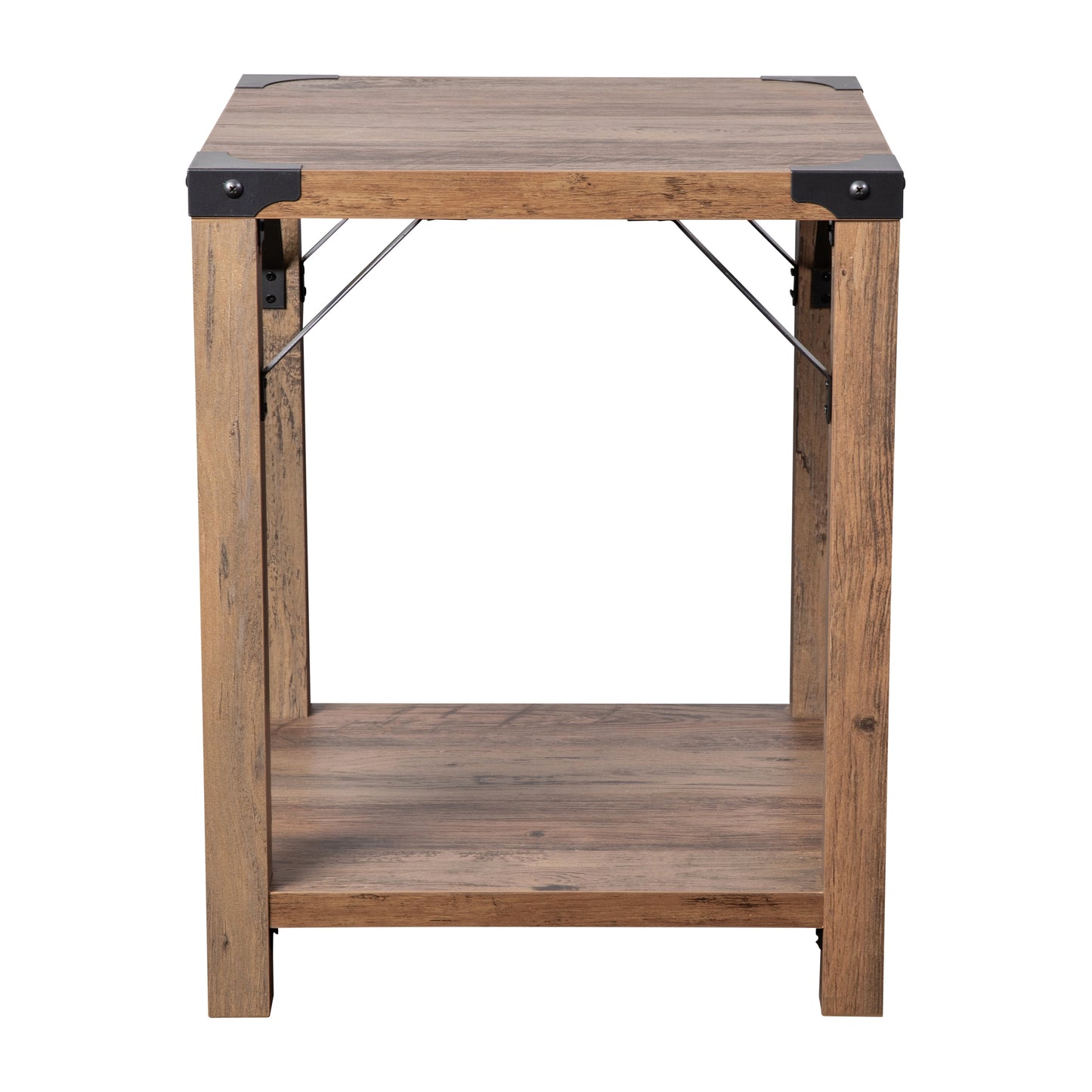 Wyatt Modern Farmhouse Wooden 2 Tier End Table with Black Metal Corner Accents and Cross Bracing, Rustic Oak Rustic Oak