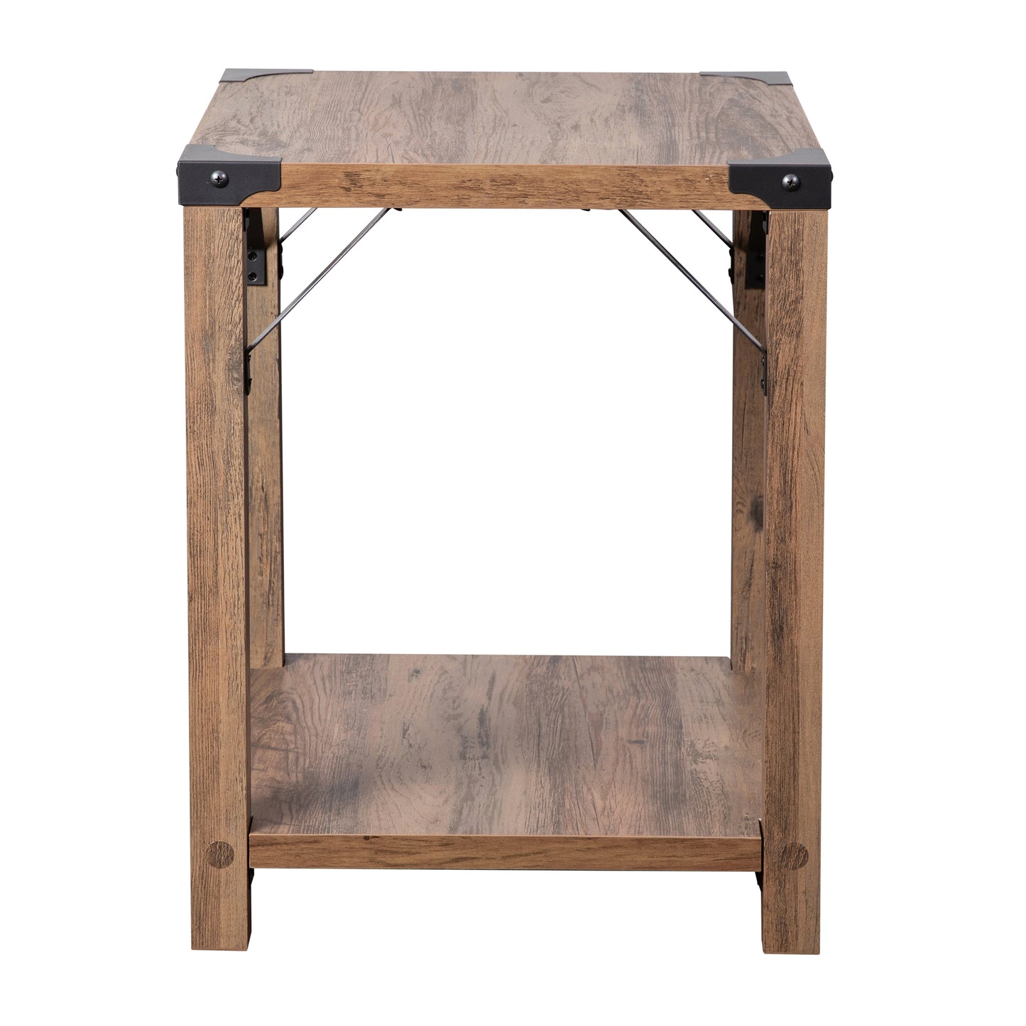 Wyatt Modern Farmhouse Wooden 2 Tier End Table with Black Metal Corner Accents and Cross Bracing, Rustic Oak Rustic Oak