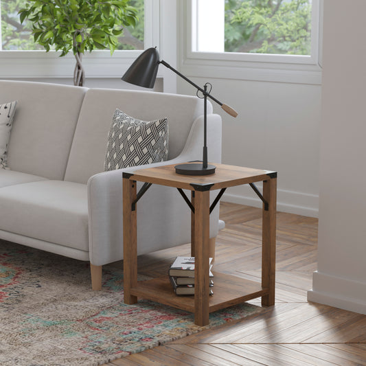 Wyatt Modern Farmhouse Wooden 2 Tier End Table with Black Metal Corner Accents and Cross Bracing, Rustic Oak Rustic Oak ZG-036-OAK-GG