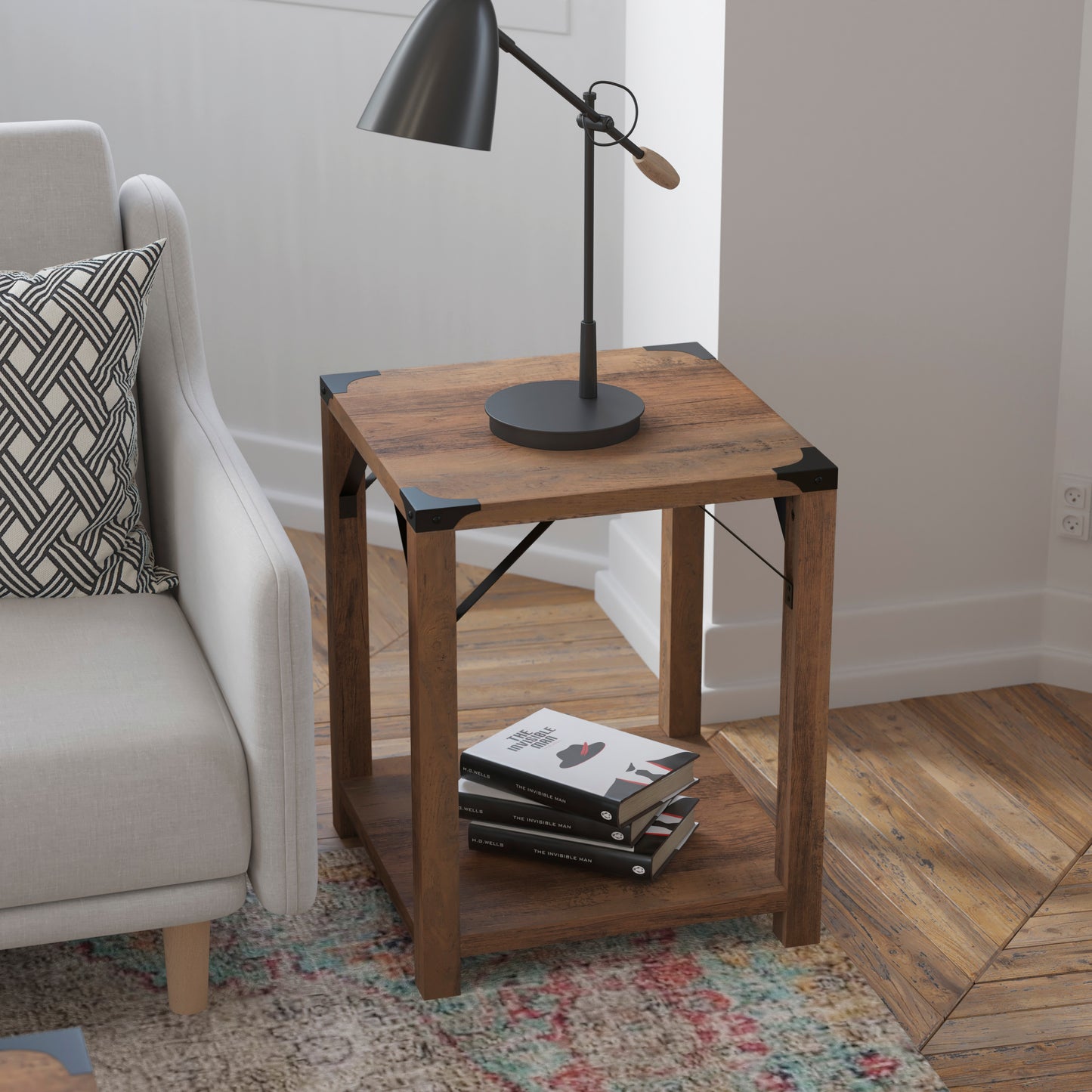 Wyatt Modern Farmhouse Wooden 2 Tier End Table with Black Metal Corner Accents and Cross Bracing, Rustic Oak Rustic Oak