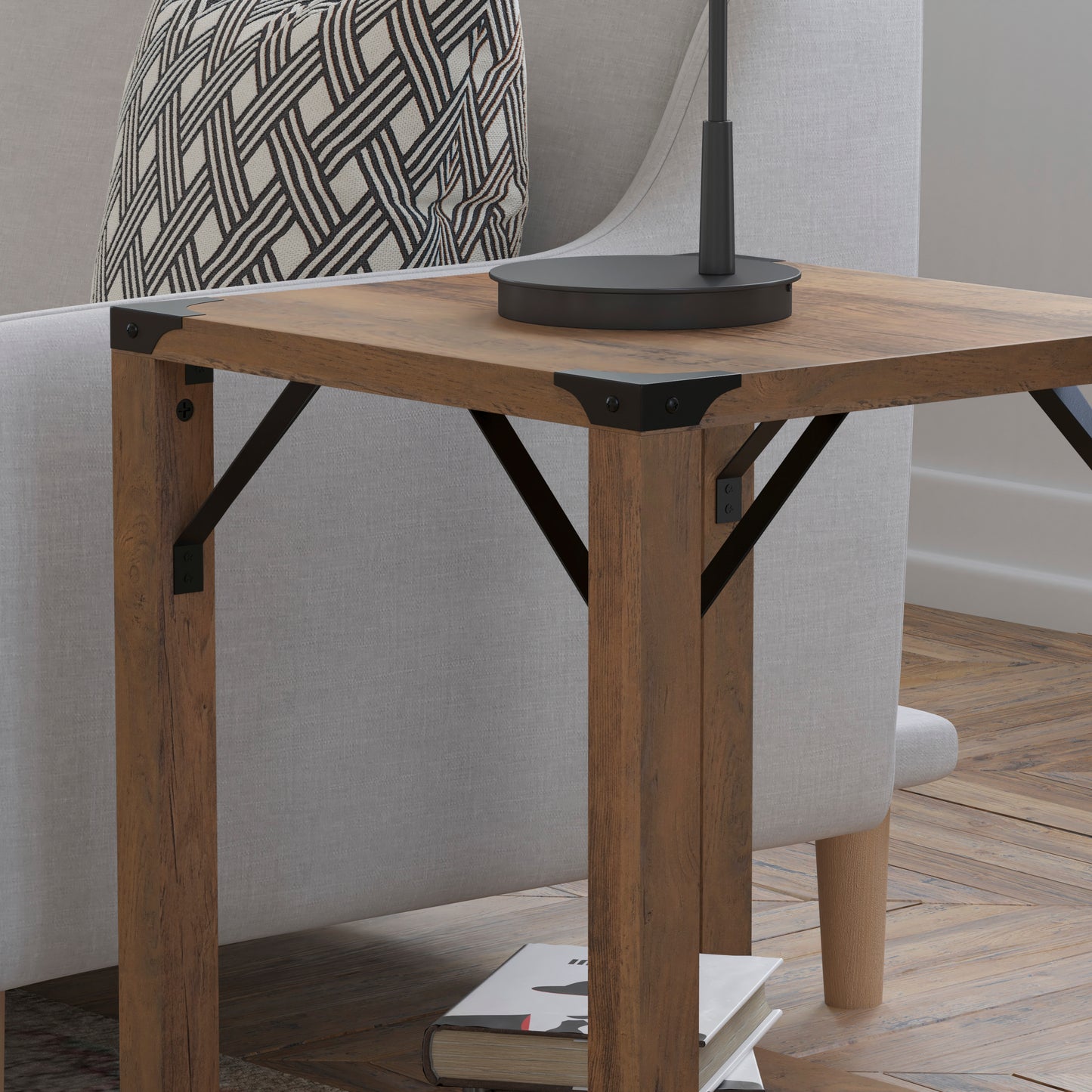Wyatt Modern Farmhouse Wooden 2 Tier End Table with Black Metal Corner Accents and Cross Bracing, Rustic Oak Rustic Oak