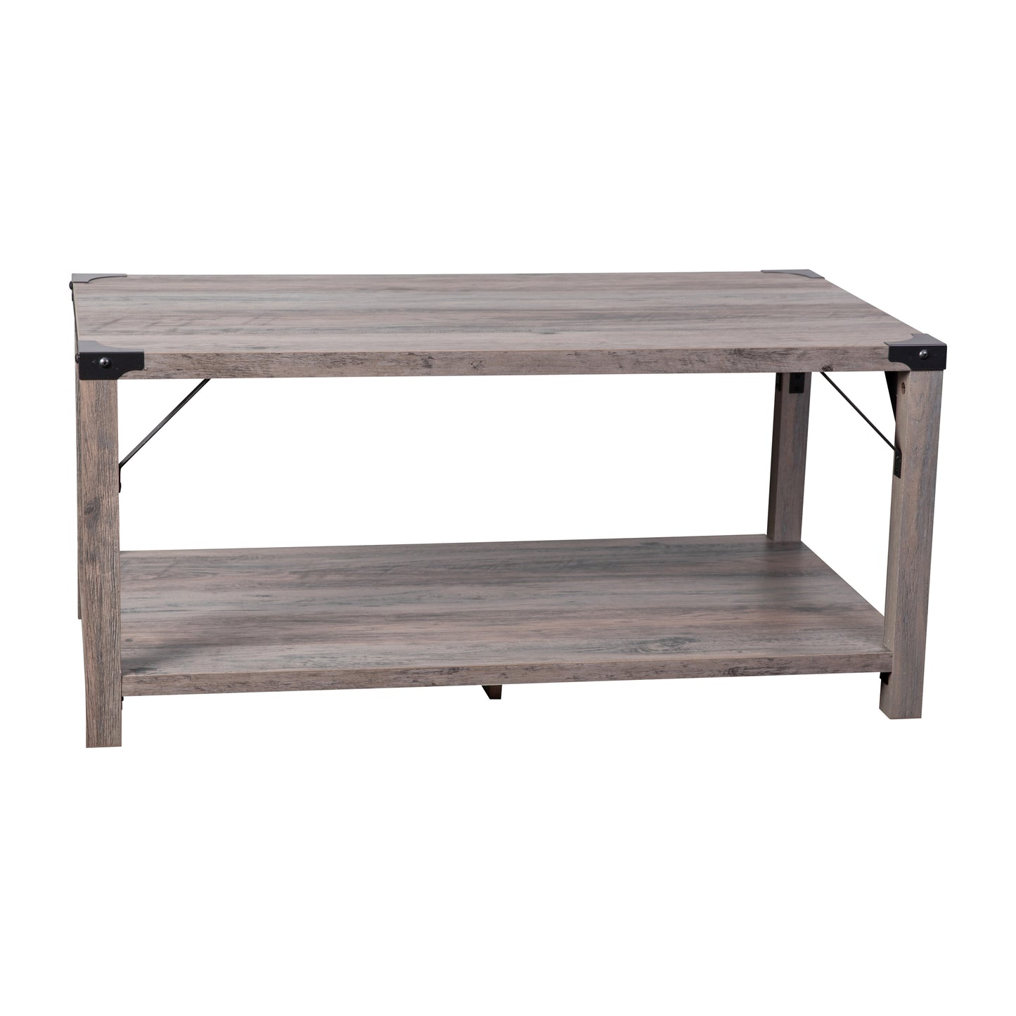 Wyatt Modern Farmhouse Wooden 2 Tier Coffee Table with Black Metal Corner Accents and Cross Bracing, Gray Wash Gray Wash