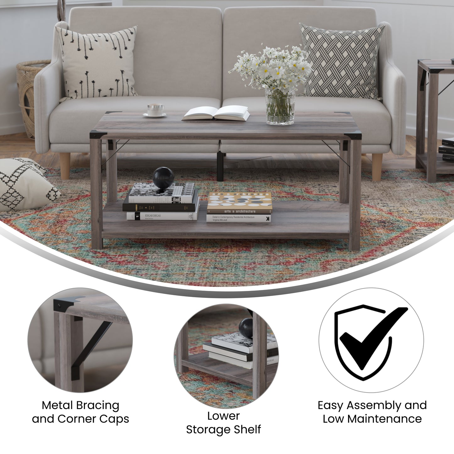 Wyatt Modern Farmhouse Wooden 2 Tier Coffee Table with Black Metal Corner Accents and Cross Bracing, Gray Wash Gray Wash