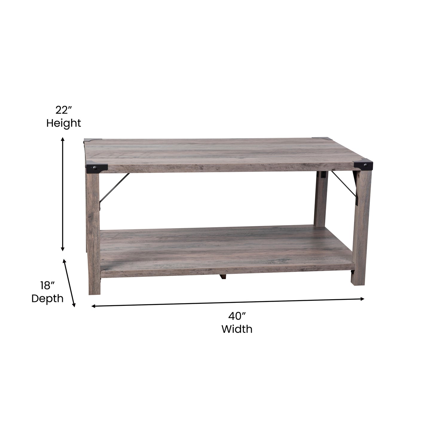 Wyatt Modern Farmhouse Wooden 2 Tier Coffee Table with Black Metal Corner Accents and Cross Bracing, Gray Wash Gray Wash