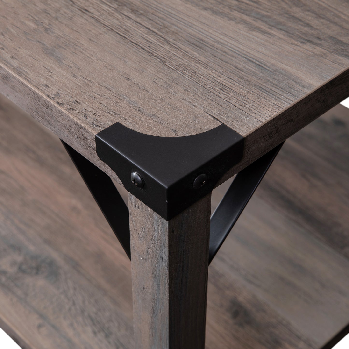 Wyatt Modern Farmhouse Wooden 2 Tier Coffee Table with Black Metal Corner Accents and Cross Bracing, Gray Wash Gray Wash