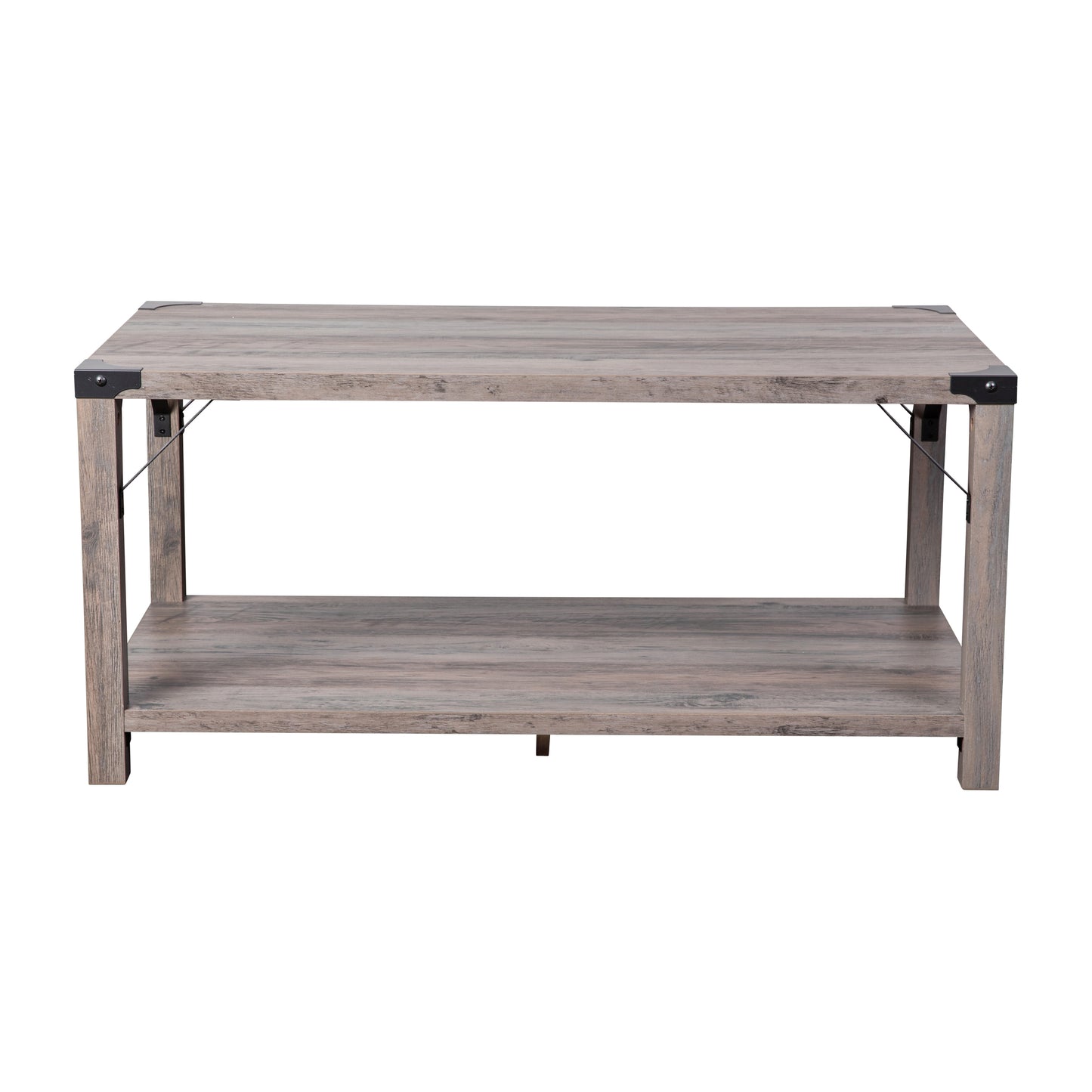 Wyatt Modern Farmhouse Wooden 2 Tier Coffee Table with Black Metal Corner Accents and Cross Bracing, Gray Wash Gray Wash
