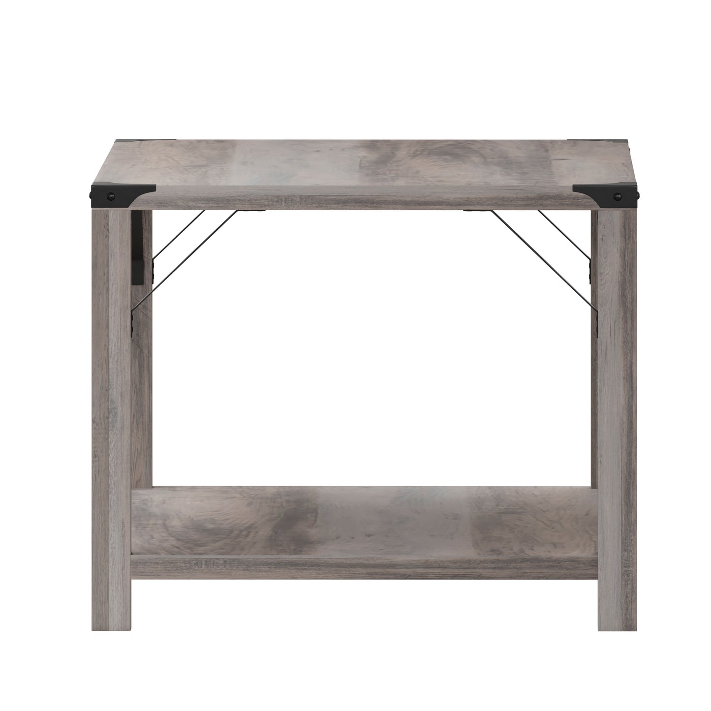 Wyatt Modern Farmhouse Wooden 2 Tier Coffee Table with Black Metal Corner Accents and Cross Bracing, Gray Wash Gray Wash