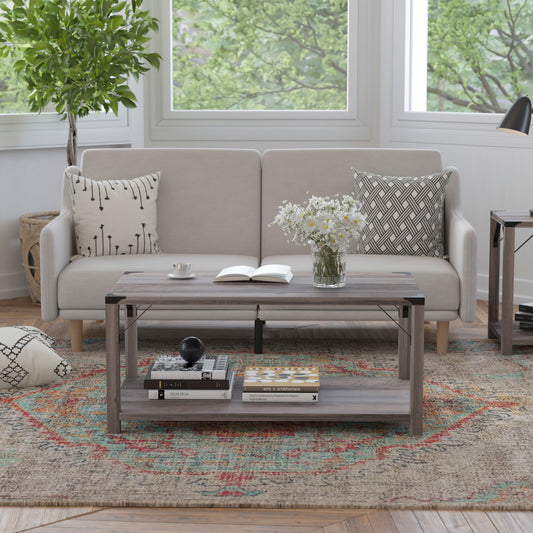 Wyatt Modern Farmhouse Wooden 2 Tier Coffee Table with Black Metal Corner Accents and Cross Bracing, Gray Wash Gray Wash ZG-037-GY-GG