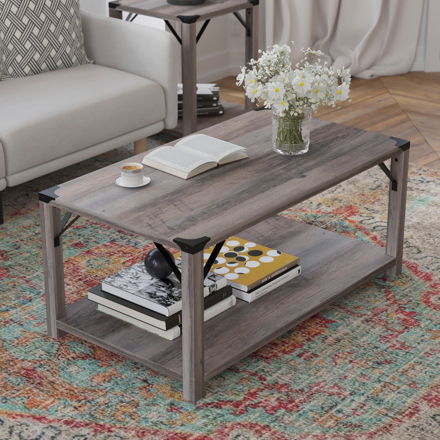 Wyatt Modern Farmhouse Wooden 2 Tier Coffee Table with Black Metal Corner Accents and Cross Bracing, Gray Wash Gray Wash