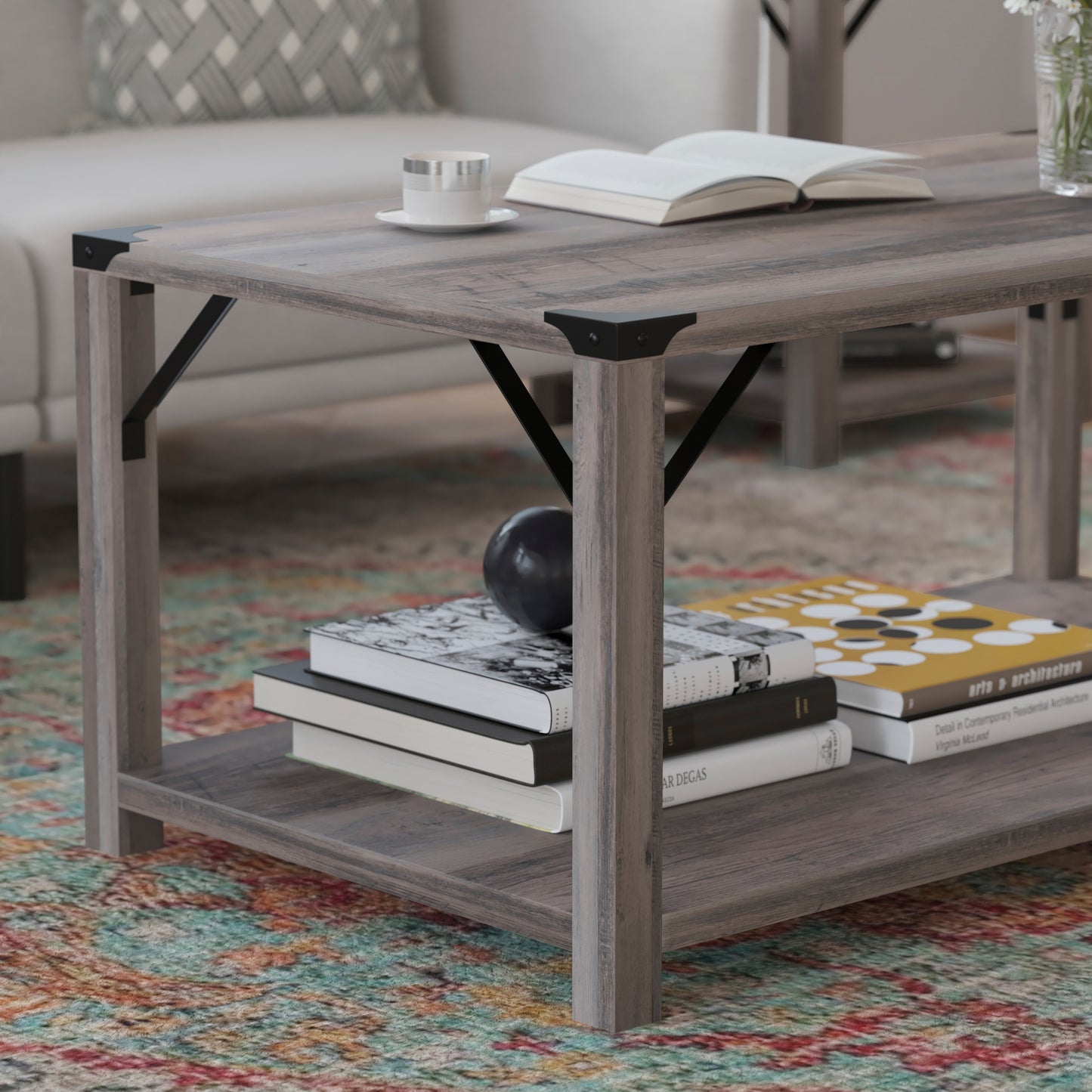 Wyatt Modern Farmhouse Wooden 2 Tier Coffee Table with Black Metal Corner Accents and Cross Bracing, Gray Wash Gray Wash