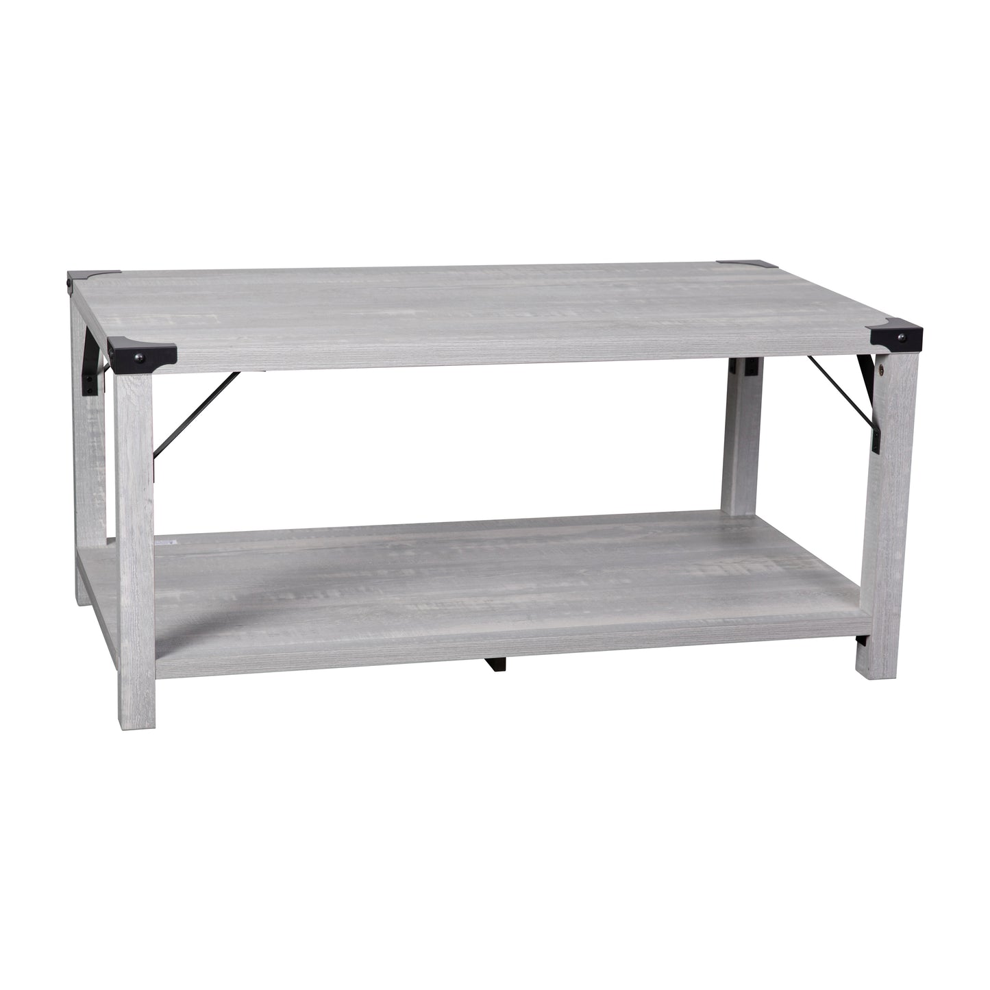 Wyatt Modern Farmhouse Wooden 2 Tier Coffee Table with Black Metal Corner Accents and Cross Bracing, Aspen Gray Aspen Gray