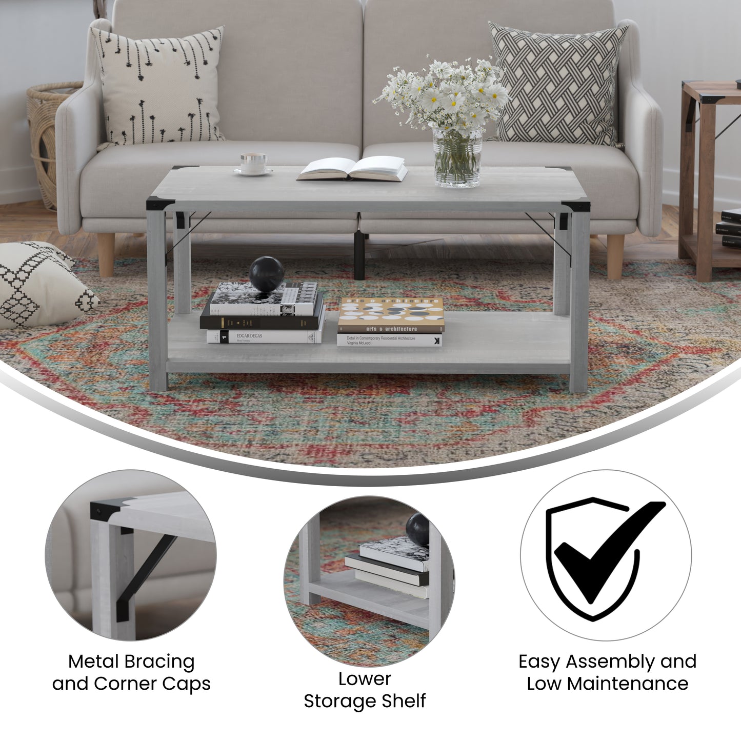 Wyatt Modern Farmhouse Wooden 2 Tier Coffee Table with Black Metal Corner Accents and Cross Bracing, Aspen Gray Aspen Gray