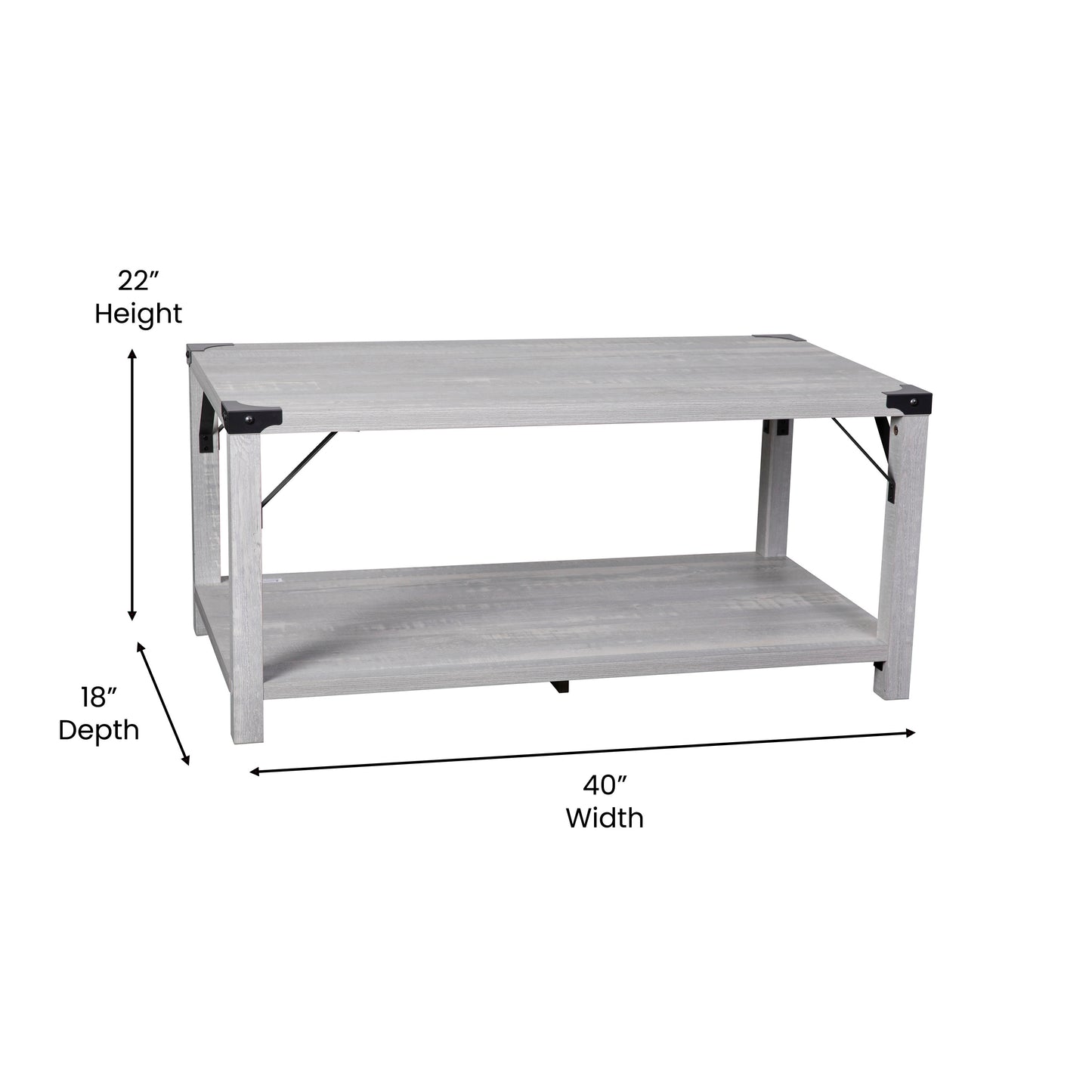Wyatt Modern Farmhouse Wooden 2 Tier Coffee Table with Black Metal Corner Accents and Cross Bracing, Aspen Gray Aspen Gray