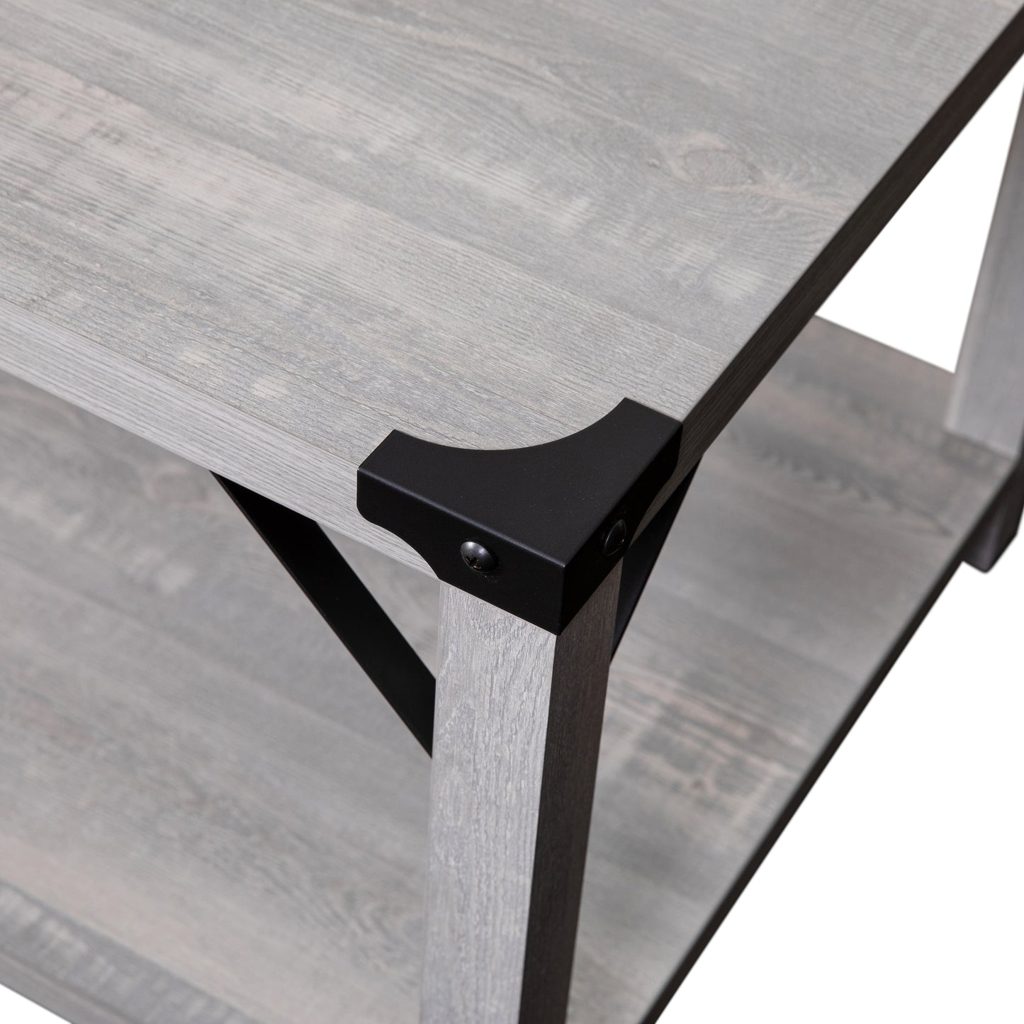 Wyatt Modern Farmhouse Wooden 2 Tier Coffee Table with Black Metal Corner Accents and Cross Bracing, Aspen Gray Aspen Gray