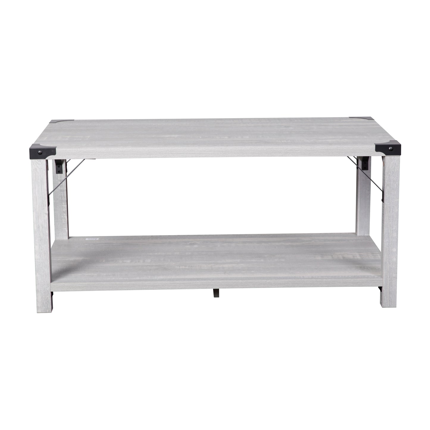 Wyatt Modern Farmhouse Wooden 2 Tier Coffee Table with Black Metal Corner Accents and Cross Bracing, Aspen Gray Aspen Gray