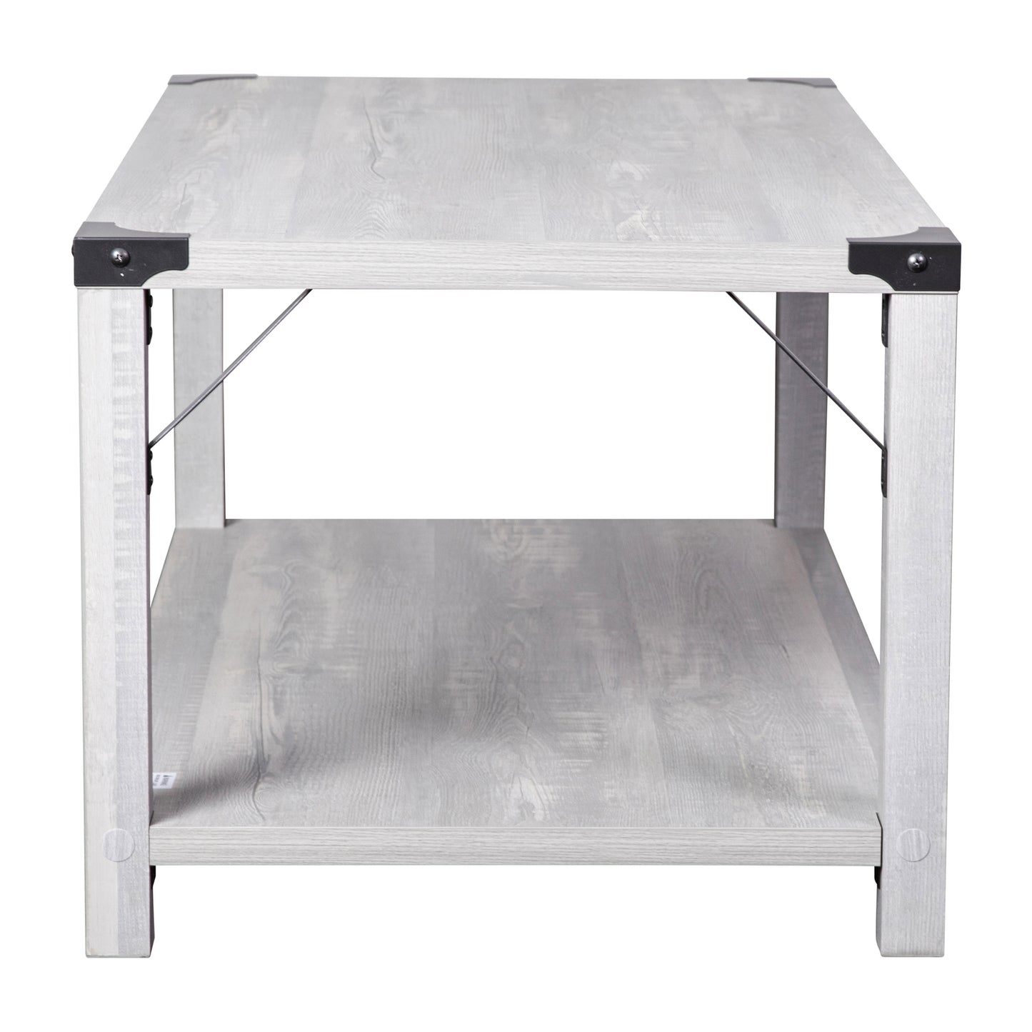 Wyatt Modern Farmhouse Wooden 2 Tier Coffee Table with Black Metal Corner Accents and Cross Bracing, Aspen Gray Aspen Gray