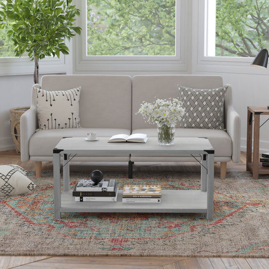 Wyatt Modern Farmhouse Wooden 2 Tier Coffee Table with Black Metal Corner Accents and Cross Bracing, Aspen Gray Aspen Gray ZG-037-LTGY-GG