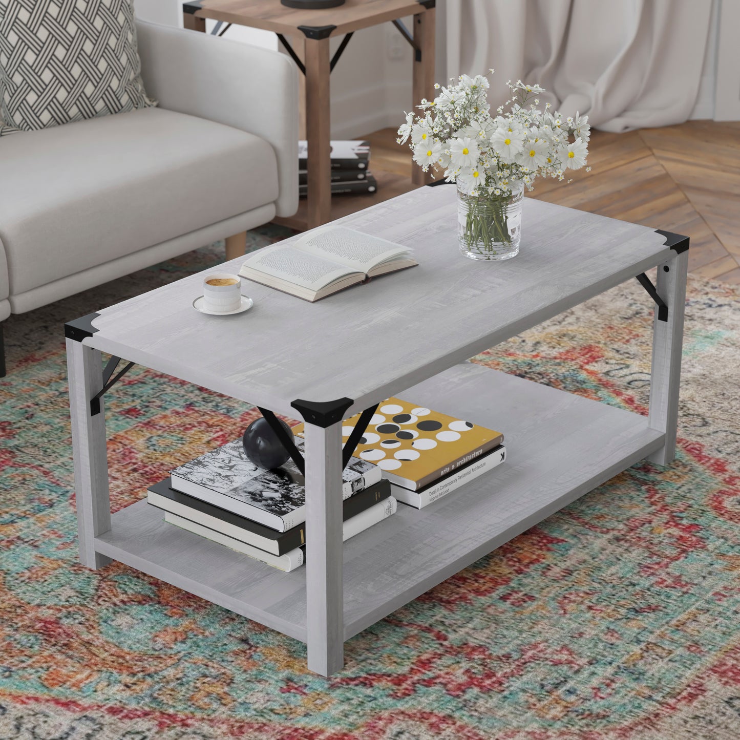 Wyatt Modern Farmhouse Wooden 2 Tier Coffee Table with Black Metal Corner Accents and Cross Bracing, Aspen Gray Aspen Gray