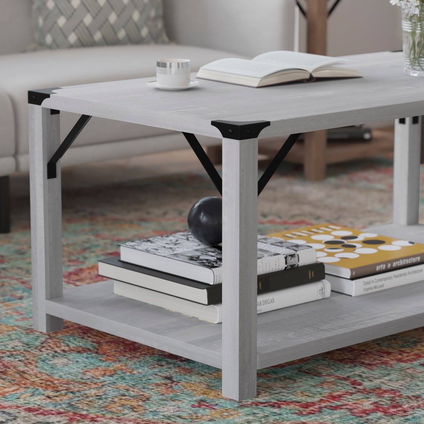 Wyatt Modern Farmhouse Wooden 2 Tier Coffee Table with Black Metal Corner Accents and Cross Bracing, Aspen Gray Aspen Gray