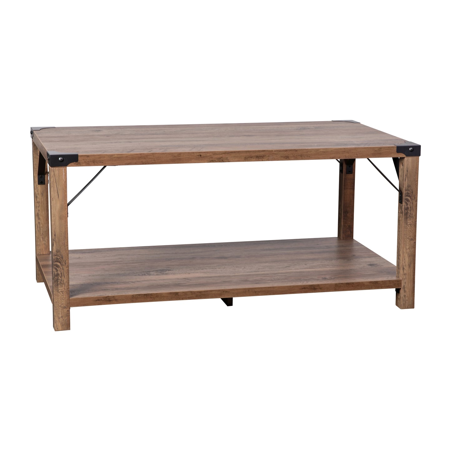 Wyatt Modern Farmhouse Wooden 2 Tier Coffee Table with Black Metal Corner Accents and Cross Bracing, Rustic Oak Rustic Oak