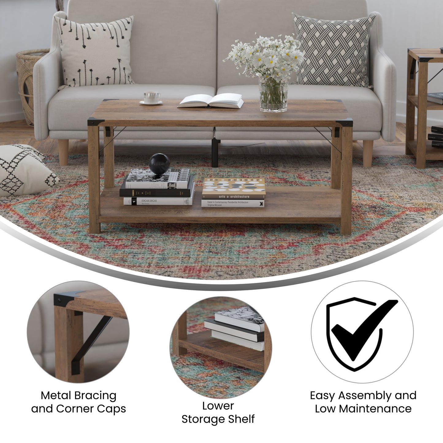 Wyatt Modern Farmhouse Wooden 2 Tier Coffee Table with Black Metal Corner Accents and Cross Bracing, Rustic Oak Rustic Oak