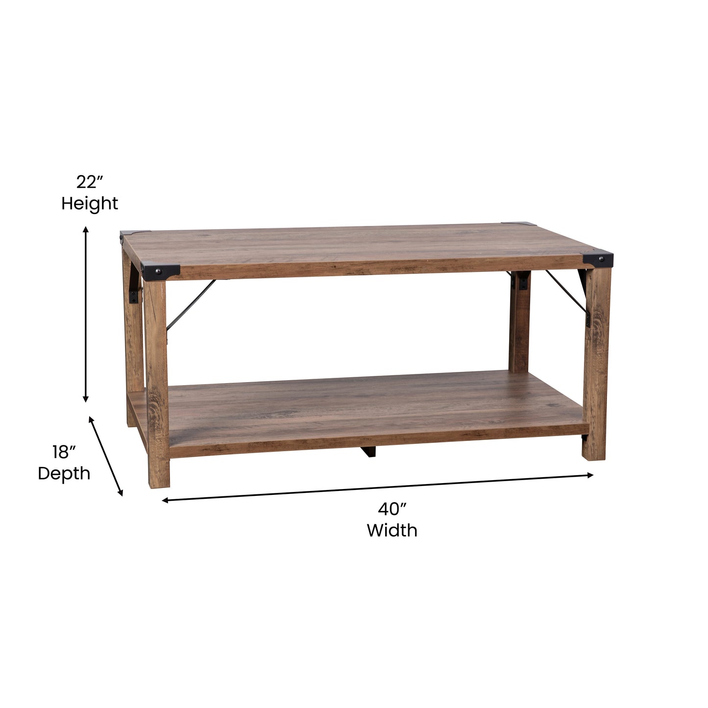 Wyatt Modern Farmhouse Wooden 2 Tier Coffee Table with Black Metal Corner Accents and Cross Bracing, Rustic Oak Rustic Oak