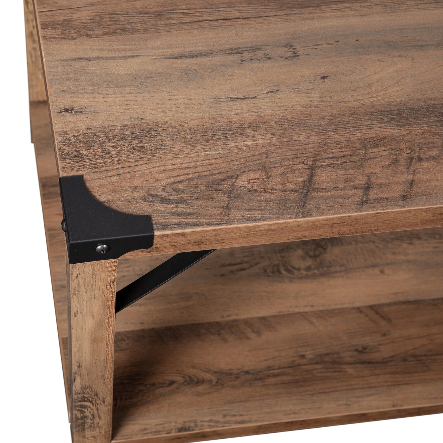 Wyatt Modern Farmhouse Wooden 2 Tier Coffee Table with Black Metal Corner Accents and Cross Bracing, Rustic Oak Rustic Oak