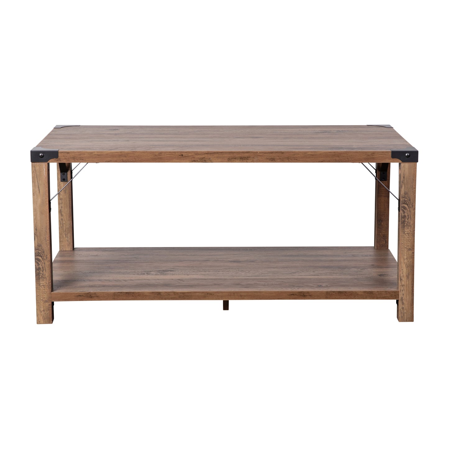 Wyatt Modern Farmhouse Wooden 2 Tier Coffee Table with Black Metal Corner Accents and Cross Bracing, Rustic Oak Rustic Oak