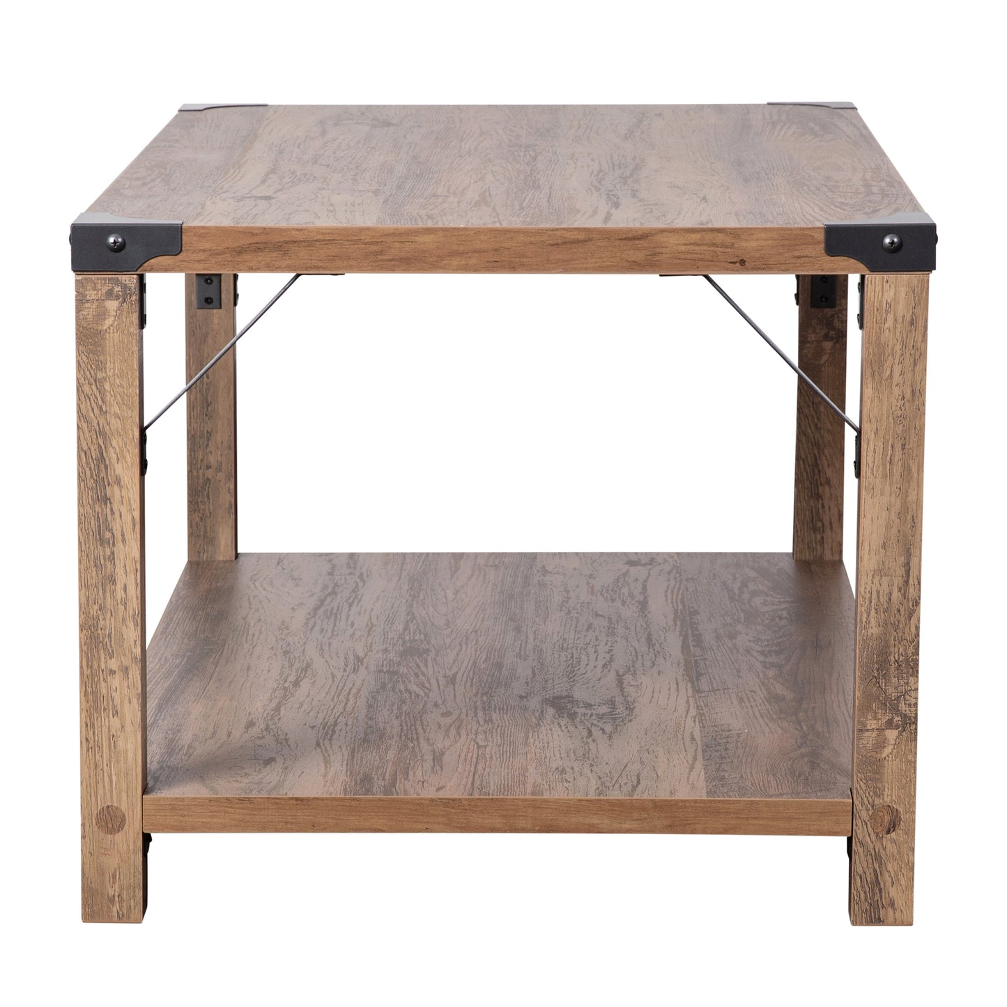 Wyatt Modern Farmhouse Wooden 2 Tier Coffee Table with Black Metal Corner Accents and Cross Bracing, Rustic Oak Rustic Oak