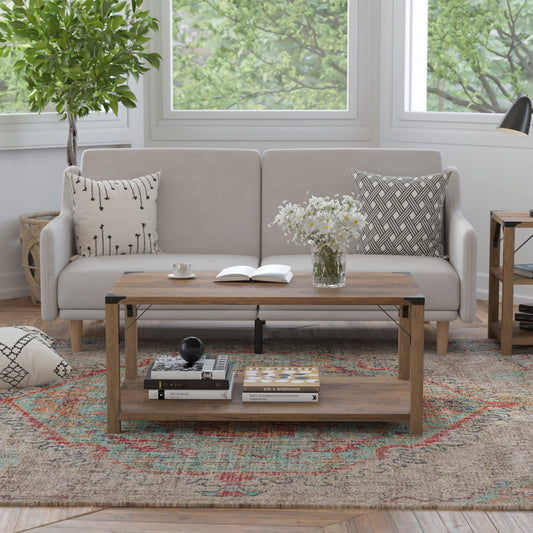 Wyatt Modern Farmhouse Wooden 2 Tier Coffee Table with Black Metal Corner Accents and Cross Bracing, Rustic Oak Rustic Oak ZG-037-OAK-GG