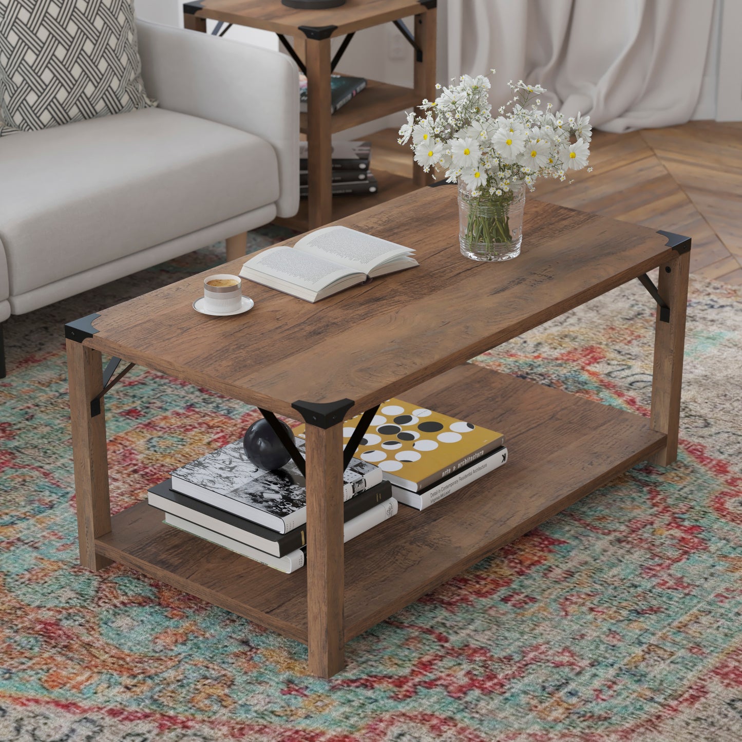 Wyatt Modern Farmhouse Wooden 2 Tier Coffee Table with Black Metal Corner Accents and Cross Bracing, Rustic Oak Rustic Oak